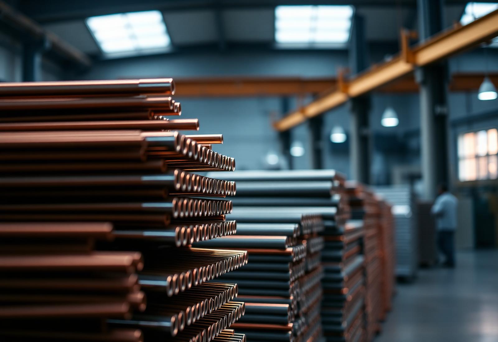 Neatly stacked copper cathodes and metal billets in a clean industrial warehouse
